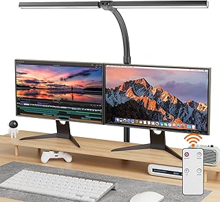 EUARY 1300LM Lampe de Bureau à Double Tête LED Réglable Avec télécommande, 24W 80CM Lampe à Pince pour Écran, Lumière à Domicile avec Bras Articulé, Pince gaming accessoire (Noir pur, Noir)