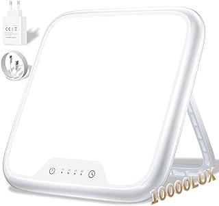 Lampe de Luminothérapie 10 000 Lux, SAD Lampe, 4 Réglages de Minuterie, Fonction Mémoire, Luminosité Réglable en Continu, Angle Réglable à 90°, Support Portable pour une Bonne Humeur
