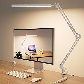 SKYLEO Lampe de Bureau LED- Lampe Architecte 1300LM - 5 Modes de Couleur X 11 Niveaux de Luminosité - Bras Pivotant Réglable - Fonction Minuterie et Mémoire - 12W Desk Lamp - Blanc